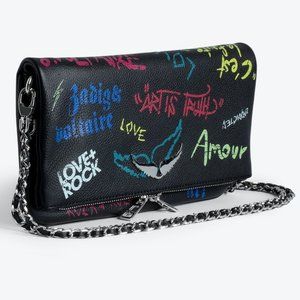 ZADIG & VOLTAIRE Rock Tag Clutch - black leather with metal chain strap.